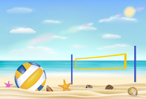 beach-volleyball und net an einem sandstrand mit bringen meer himmelshintergrund - volleying stock-grafiken, -clipart, -cartoons und -symbole