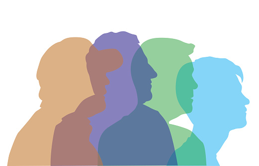 A vector silhouette illustration of the age progression of male from teenager to young adult to mature adult to senior.  The heads are transparent and in different colours.