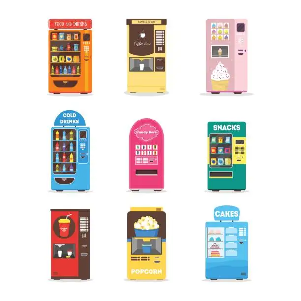 Vector illustration of Cartoon Vending Machine Set. Vector