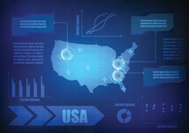 Vector : USA map with network line and grid blue background vector art illustration