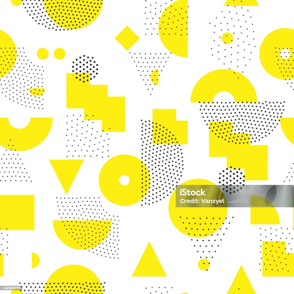 Geometric Seamless Pattern Vector geometric seamless pattern. Universal Repeating abstract circles figure in black white yellow. Modern halftone circle design, pointillism Fractal stock vector