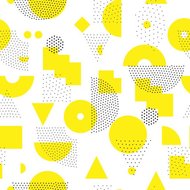 Geometric Seamless Pattern Vector geometric seamless pattern. Universal Repeating abstract circles figure in black white yellow. Modern halftone circle design, pointillism fractal stock illustrations