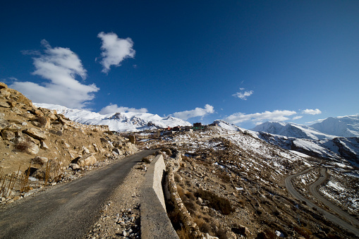 Scenic view of road and snowcapped Himalayan mountain, Himachal Pradesh, India