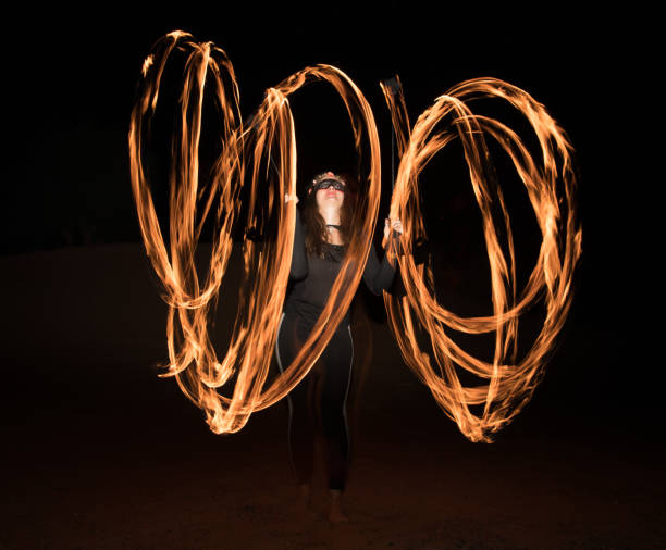 istock Dancer with flaming fire pois after dark. 664521954