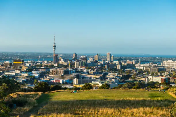 Aerial of Auckland downtown skyline during sunset, Auckland is biggest city in NewZealand.