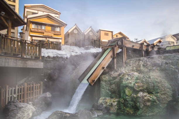 Kusatsu Onsen is one of Japan most famous hot spring Kusatsu Onsen is one of Japan most famous hot spring resorts and is blessed with large volumes of high quality hot spring water said to cure every illness but lovesickness. gunma prefecture stock pictures, royalty-free photos & images