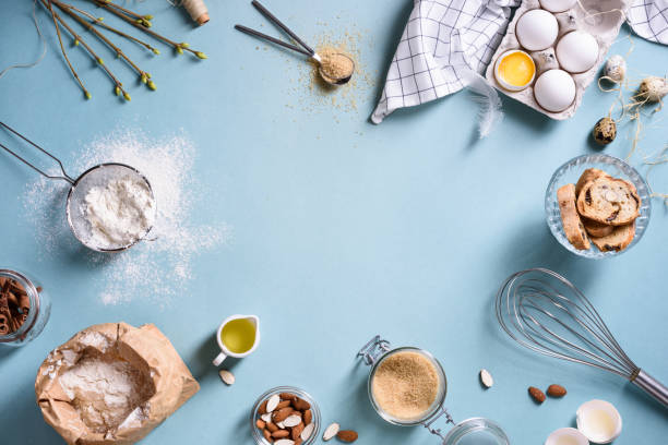 marco de cocción u horneado. ingredientes, elementos de cocina para hornear pasteles. - baking food cookie breakfast fotografías e imágenes de stock