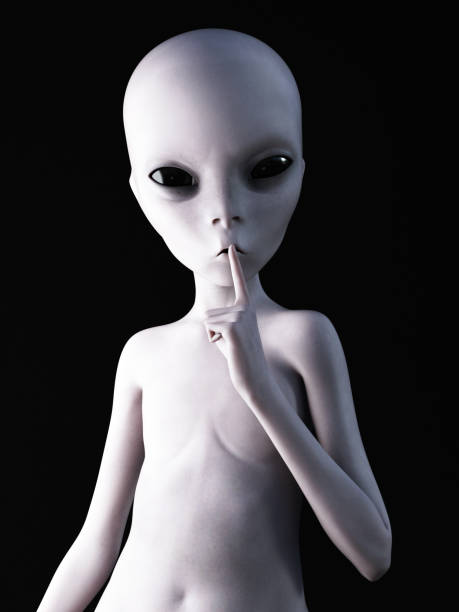 3D rendering of an alien hushing. Portrait of an alien hushing with its finger on its lips, 3D rendering. Black background. alien grey stock illustrations