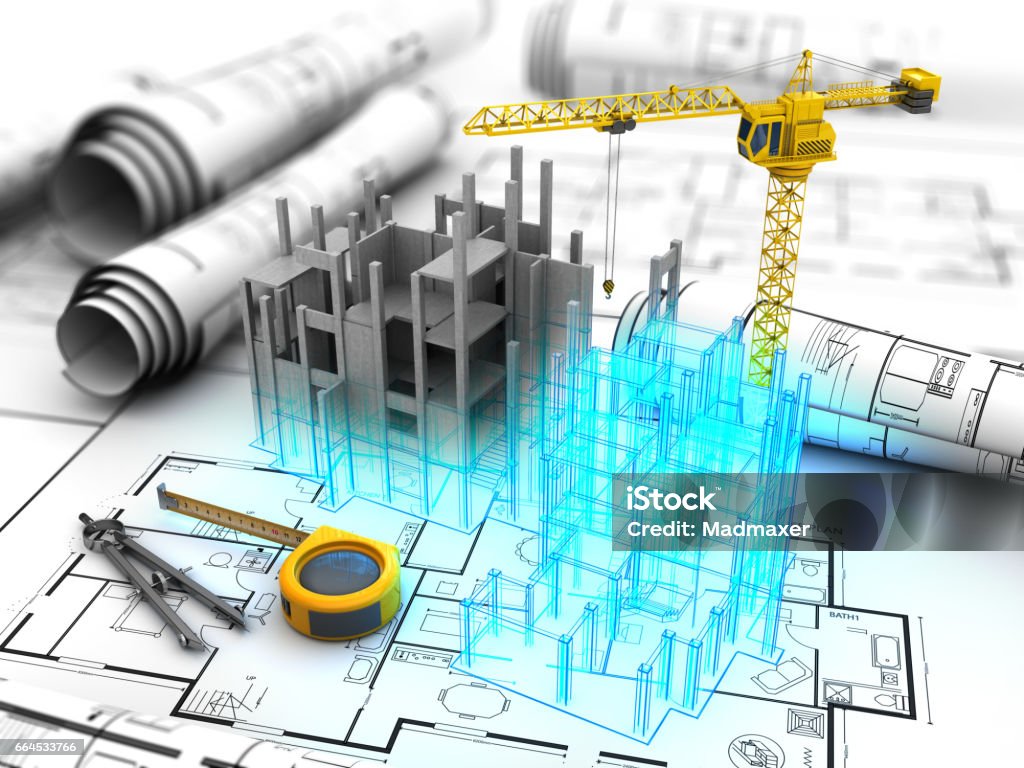 building project abstract 3d illustration of building design project Plan - Document stock illustration