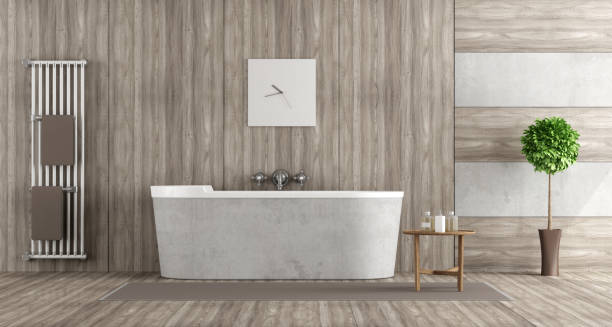 istock Wooden and concrete bathroom 664533884