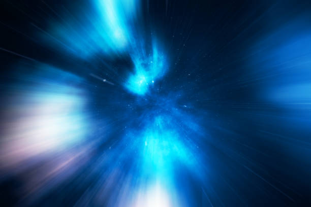 워프 또는 초 공간, 공간에서 추상 속도 터널 워프 스타. 우주 전체에, 3 차원 렌더링 - exploding blue distorted image backgrounds stock illustrations