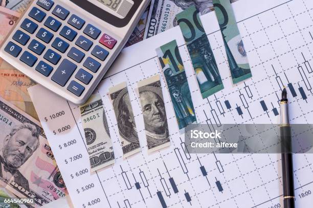 Torn Dollar And Euros Bills On Forex Graph Stock Photo - Download Image Now - Bandage, Banking, Blue