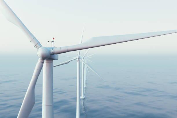 windturbinen sie bauernhof-in sonnenuntergang himmel gefangen. schönen kontrast mit dem blau des meeres. ökologisches konzept. 3d-rendering - sea wind turbine turbine wind stock-fotos und bilder