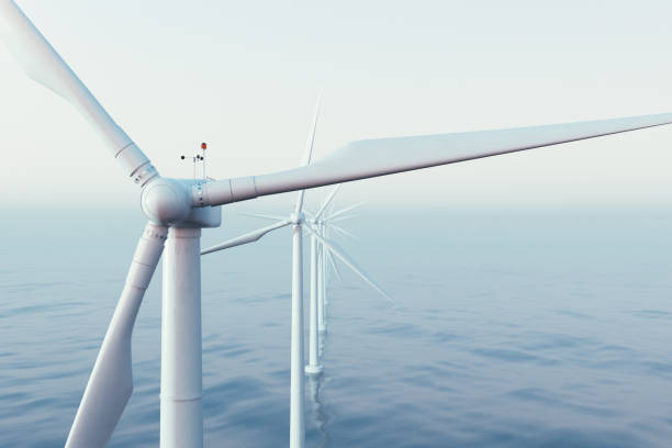 turbine eoliche catturate nel cielo al tramonto. bellissimo contrasto con il mare blu. concetto ecologico. rendering 3d - sea wind turbine turbine wind foto e immagini stock