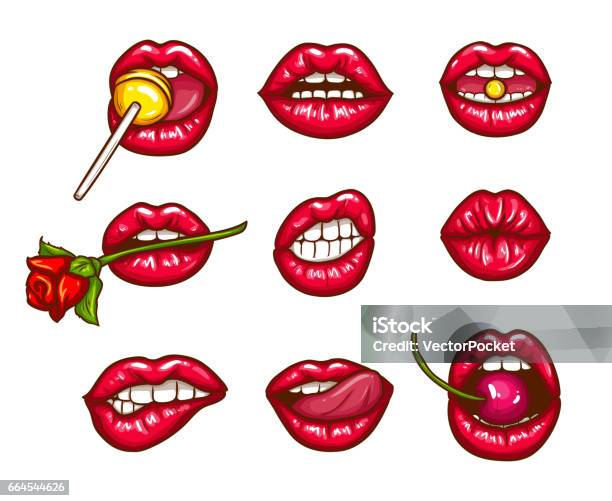 A Collection Of Pop Art Icons Of Red Female Lips Ajar Bitten Kissing With  Tongue Cherry And Sugar Candy Stock Illustration - Download Image Now -  iStock
