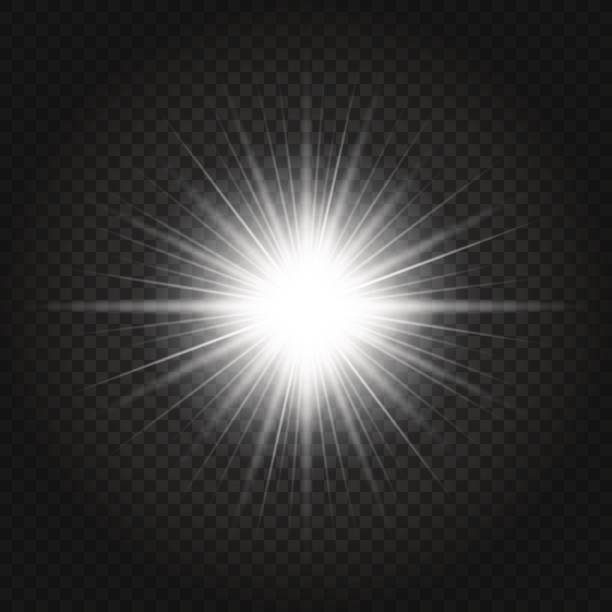 Glow light effect. White sun with rays on transparent background. Glow light effect. Sun with rays and glow on transparent black background. Starburst with sparkles on dark backdrop. Vector illustration of abstract flare ray light. shiny black background stock illustrations