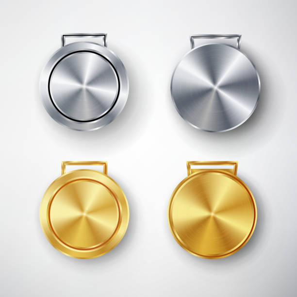 istock Competition Games Golden And Silver Medal Set Template Vector. Competition Games Golden, Chrome Medal Template. Realistic Circle Geometric Badge. Metal Texture. Sport Ceremony Design Concept Illustration 664555738