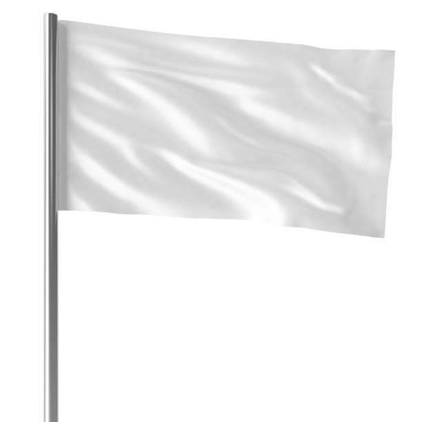 White flag on flagpole flying in the wind empty mock-up, flag isolated on white background. Blank Mock-up for your design projects. 3d rendering vector art illustration