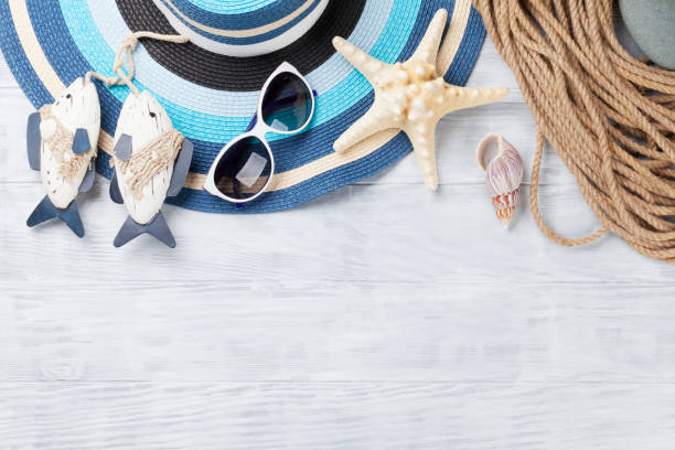 istock Beach accessories on wooden background 664556680
