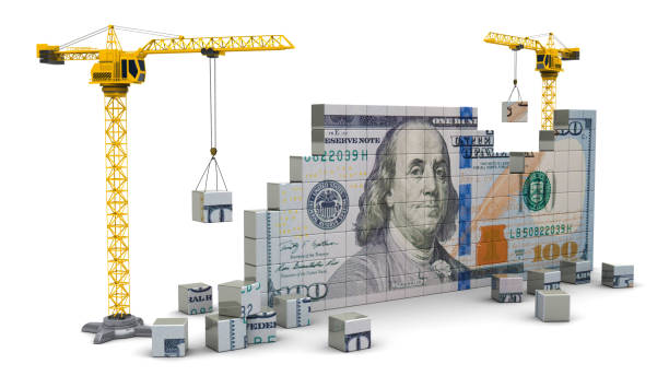 cranes building money 3d illustration of two cranes building 100 dollars construction equipment photos stock pictures, royalty-free photos & images