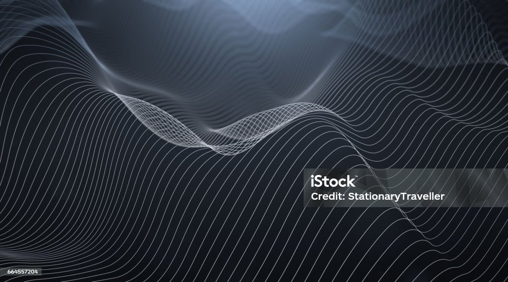 Abstract Wavy Lines White wavy lines on dark gray/black background. Sound Wave Stock Photo