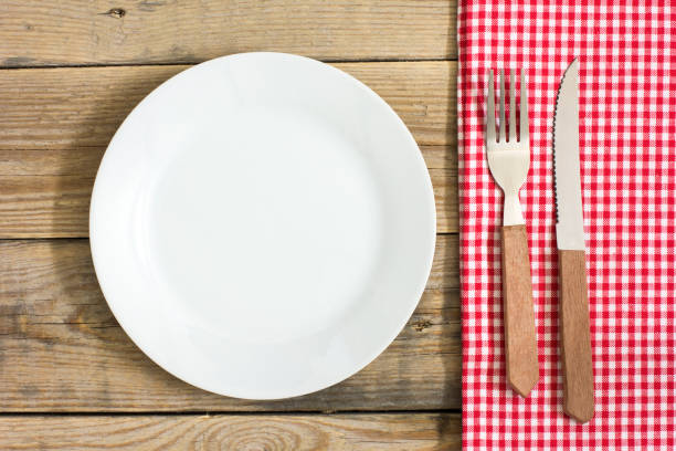 istock Empty Plate And Cutlery On The Wooden Table 664566070