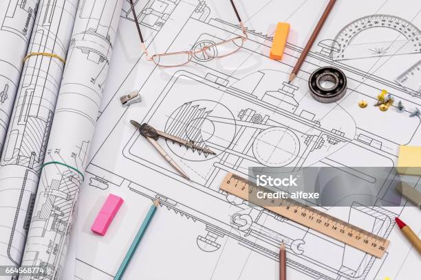 Technical Work Drawing Workplace Technical Project Drawing With Engineering Tools Construction ...