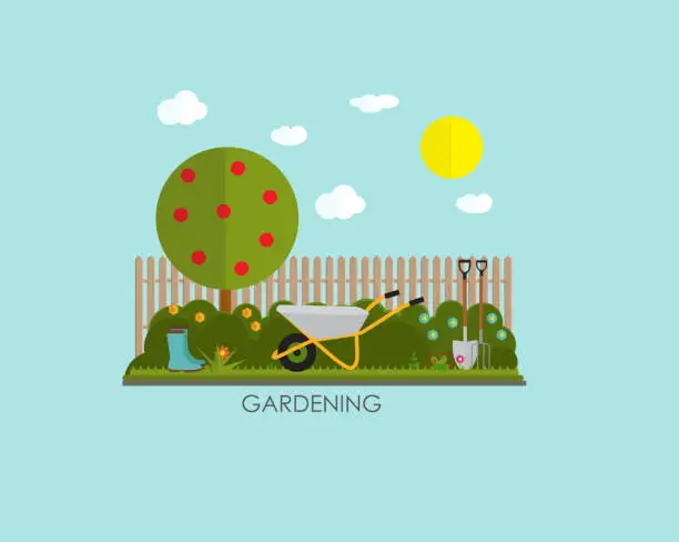 Vector illustration of Gardening Flat Background Vector Illustration. Garden Tools, Tre