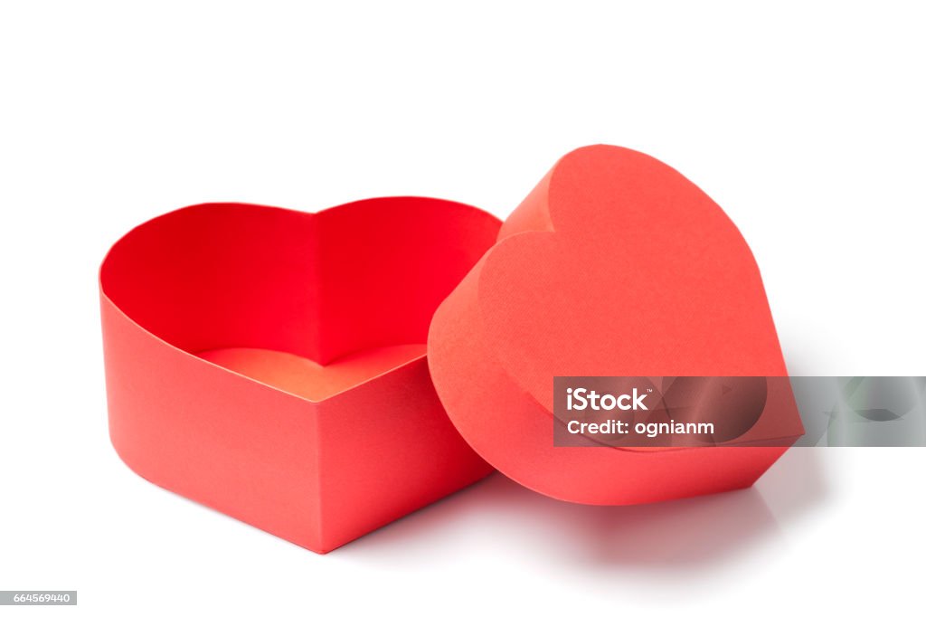 Gift Box With A Heart Shape Open empty red gift box with a heart shape isolated on white background. Box - Container Stock Photo