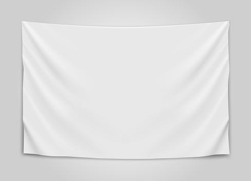 Hanging empty white flag. Blank flag concept. Vector illustration.