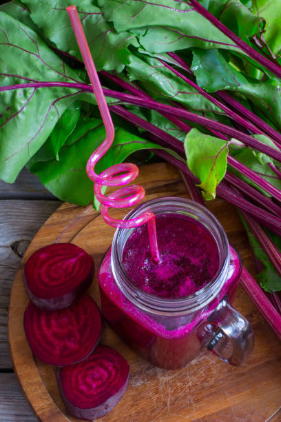 istock Fresh Smoothies of beet with a glass jar, selective focus 664581668
