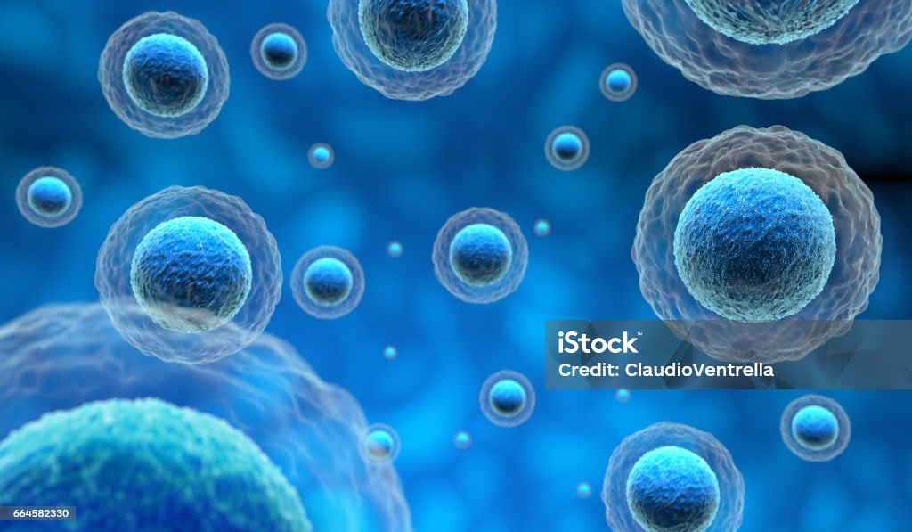 human cells in a blue background group of human cells in a blue background, 3d illustration Biological Cell stock illustration