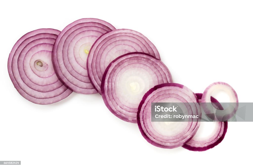 Red Onion Slices Isolated Top View Red onion slices, isolated, top view. Spanish Onion Stock Photo