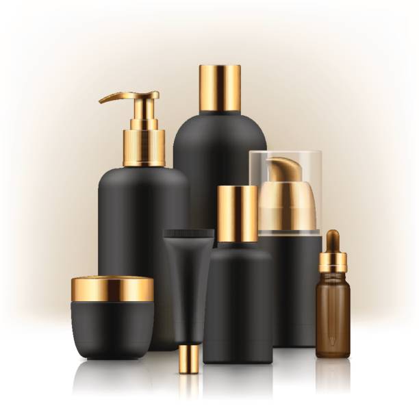 istock Realistic luxury premium brand set of cosmetic bottles, mockup, 3D 664587196