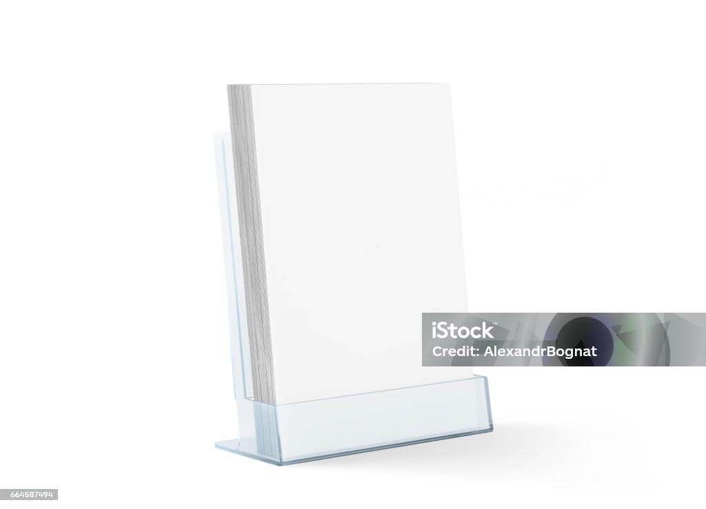 Blanco Flyer maqueta de vidrio transparente de plástico con soporte de aislamiento - Foto de stock de Panfleto - Documento libre de derechos