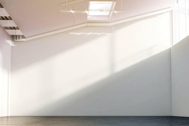 istock Blank white large wall mockup in sunny modern hangar hall 664587844