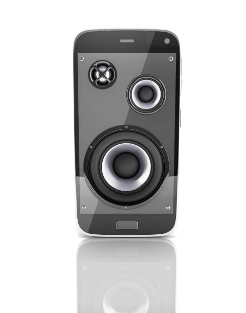 istock Musical smartphone Mobile phone music app Cellphone and loudspeakers with notes on white background with reflection 3d 664588030