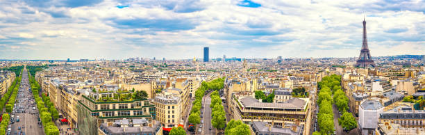 istock Paris, France. Panoramic view from Arc de Triomphe. Eiffel Tower and Avenue des Champs Elysees. 664590960