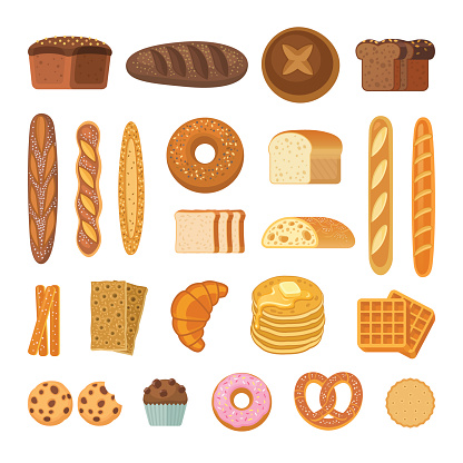 Vector illustration of  bakery products icons - bread, baguette, pretzel, ciabatta, croissant, cupcake, waffles and cookies. Isolated on white.