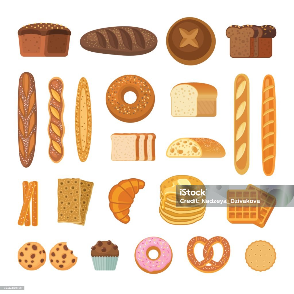 Bread and rolls collection. Vector illustration of  bakery products icons - bread, baguette, pretzel, ciabatta, croissant, cupcake, waffles and cookies. Isolated on white. Bread stock vector