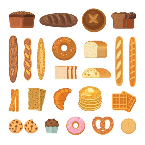 Bread and rolls collection. Vector illustration of bakery products icons - bread, baguette, pretzel, ciabatta, croissant, cupcake, waffles and cookies. Isolated on white. bun bread stock illustrations