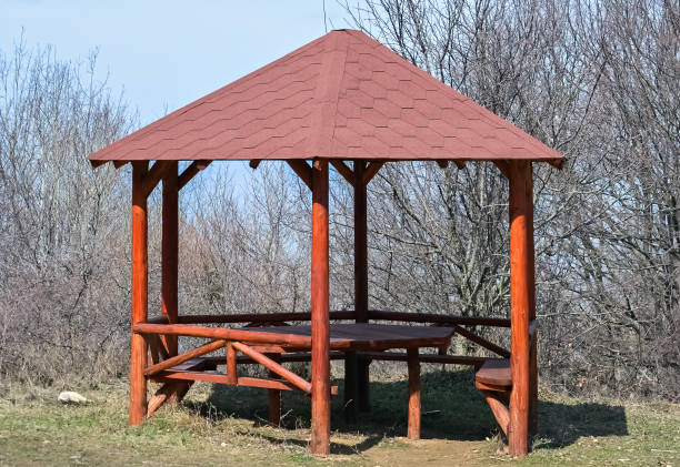 istock Small wooden pavilion for resting in a beautiful spring day 664611066