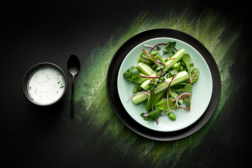 Salads: Salad with Cucumber, Lettuce, Soy Beans, Parsley and Yoghurt Dressing Still Life