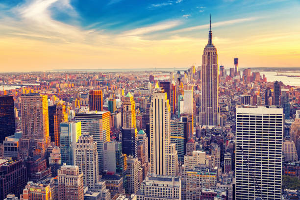 istock Aerial view of Manhattan at sunset 664611712
