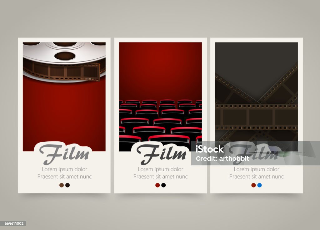 Modern colorful vertical cinema banners. Film, movie flyer or invitations. Modern colorful vertical cinema banners. Film, movie flyer or invitations set. Backgrounds with film tape, cinema theater armchairs and tape roll. Decoration for cinema tickets. Vector illustration Poster stock vector