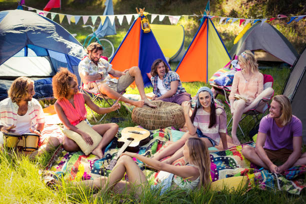 istock Group of friends having fun together at campsite 664617814