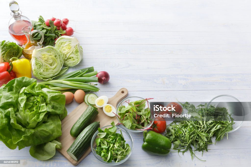 Salads: Ingredients for Salad Still Life Salad Stock Photo