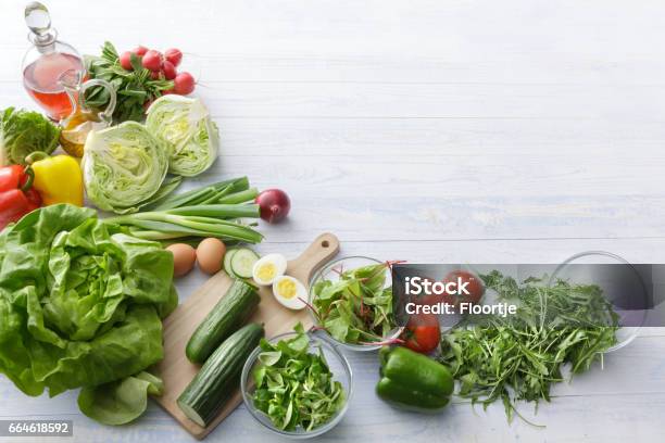 Salads Ingredients For Salad Still Life Stock Photo - Download Image Now - Salad, Vegetable, Ingredient