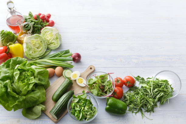 salads: ingredients for salad still life - bibb lettuce imagens e fotografias de stock