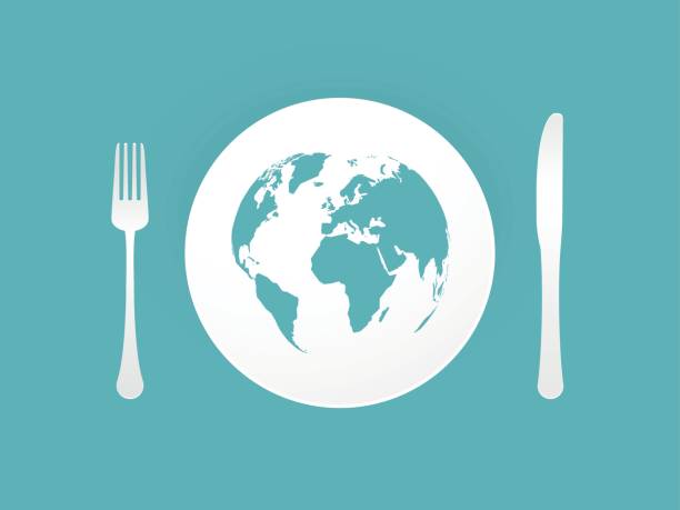 ilustrações de stock, clip art, desenhos animados e ícones de plate with cutlery and blue world map - world cuisines